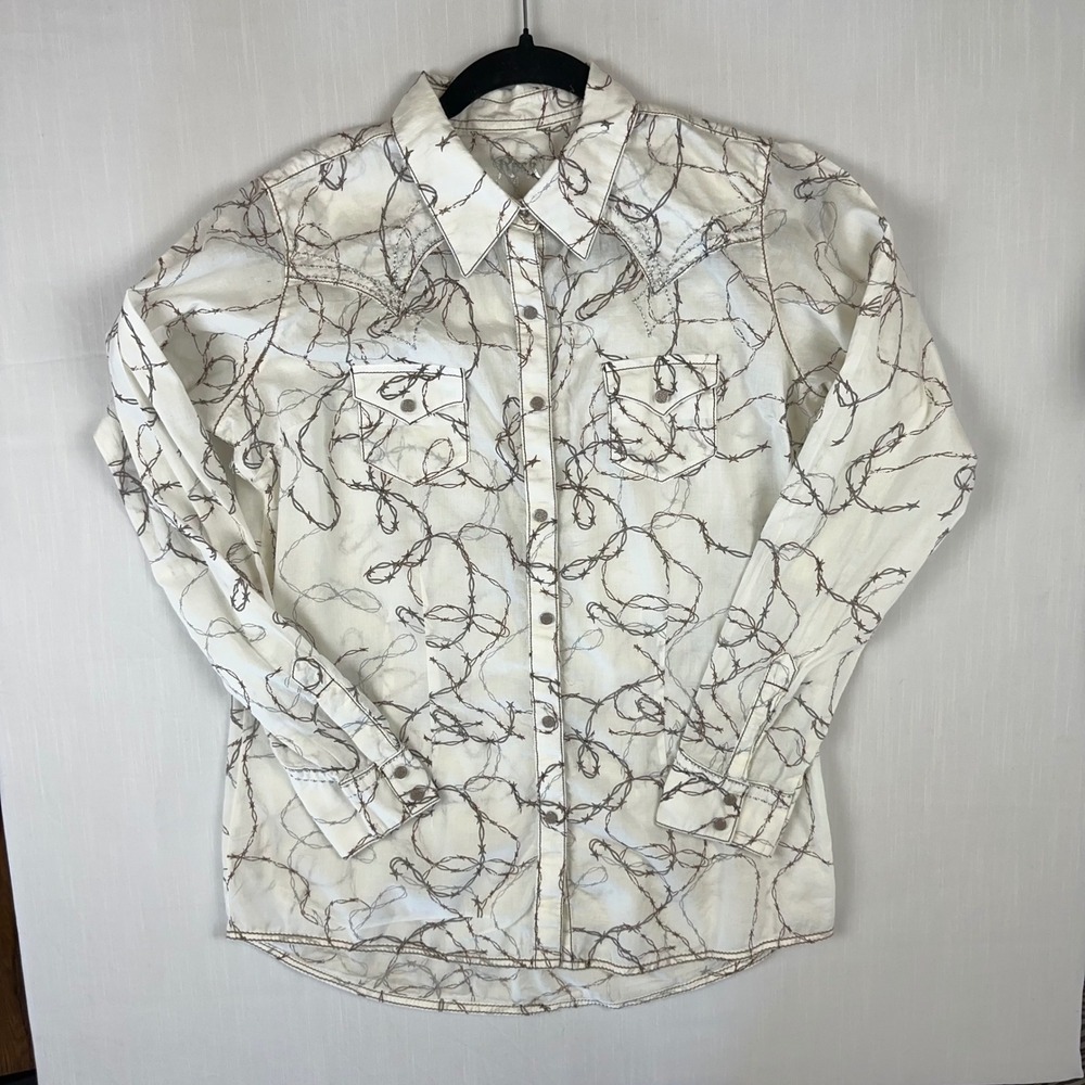 Rock 47 by Wrangler Womens Cream Barbed Wire Western Shirt Metallic Embroidery L